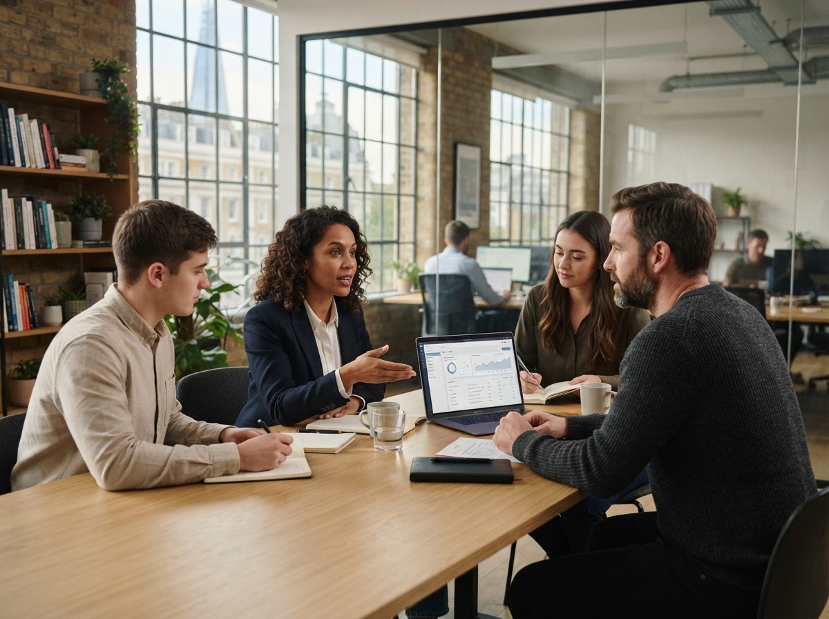 Sable Fundova team reviewing AI-driven investment data on a laptop